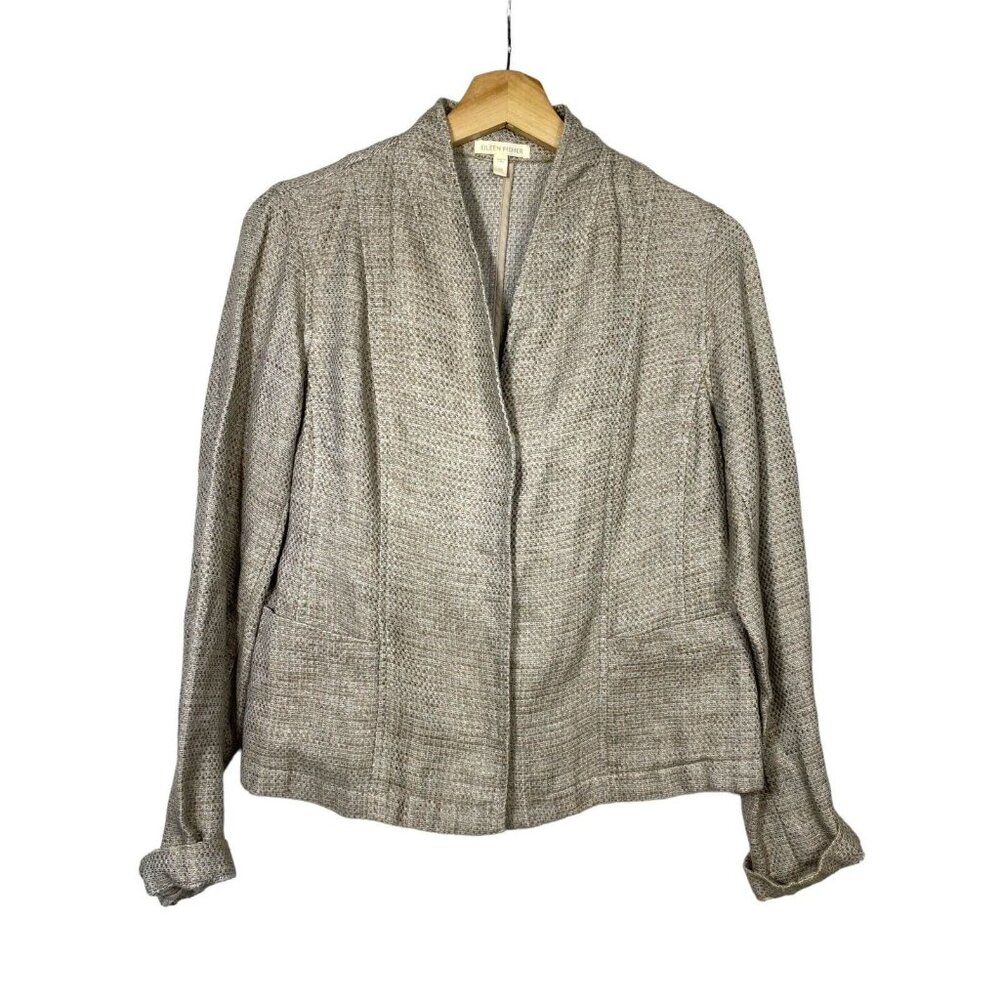 Eileen Fisher Blazer Womens Sz XS‎ Organic Linen Cotton Jacket Beige Snap Button